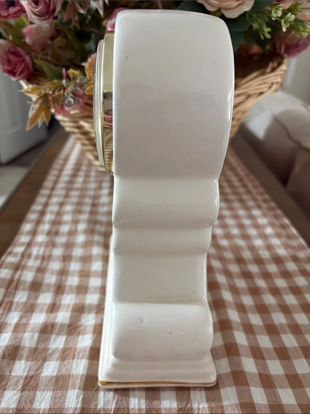 White Ceramic Mantel Clock with Pink Rose Motif